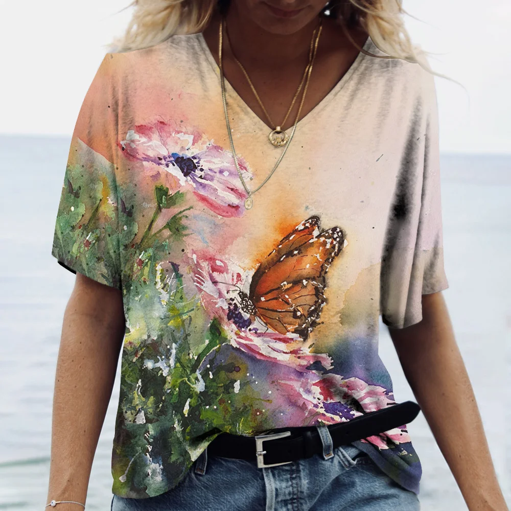 Butterfly Flower Floral 3D Print T-Shirts Women V Neck T Shirt Woman Oversized Y2k Tops Casual Ladies Vintage Clothes Streetwear