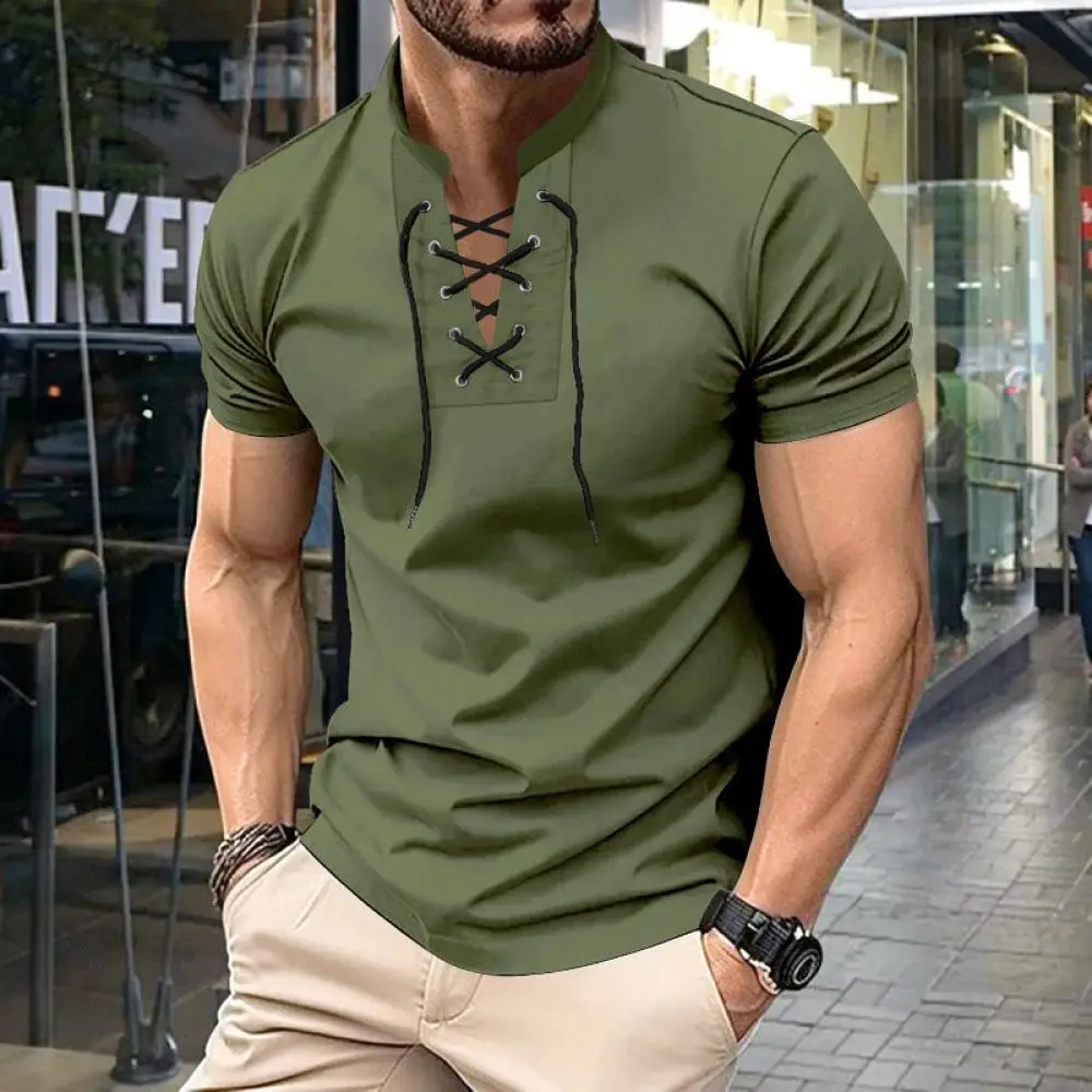 Casual Loose Mens Short Sleeve T Shirt Retro V Neck Lace Up Summer Breathable Fashion Tee For Daily Wear