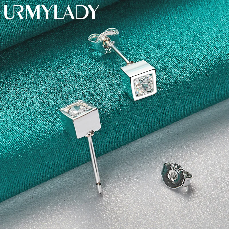 URMYLADY 925 Sterling Silver Square Zircon Stud Earrings For Women Fashion Wedding Engagement Party Jewelry