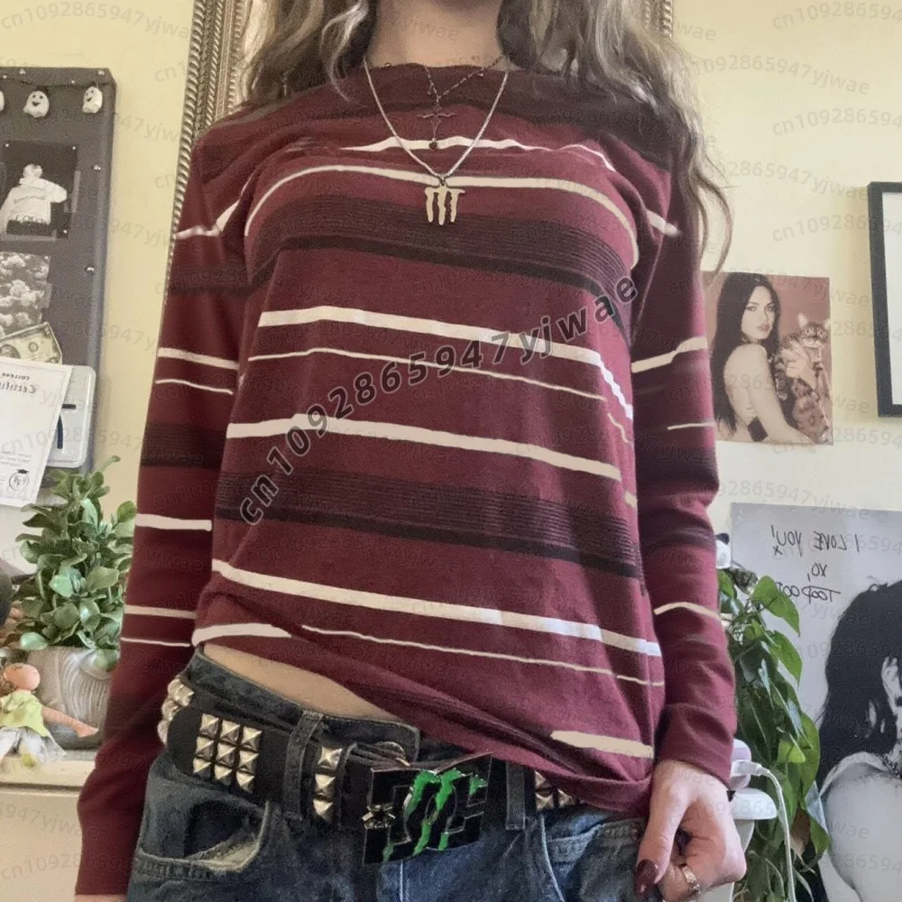 Y2k Teen Gestreifte Damen Langarm-T-Shirts, Fairy Grunge Print, Weite Oberteile, Vintage Harajuku E-Girl Shirts, Vintage Damen T-Shirt – Detail 5