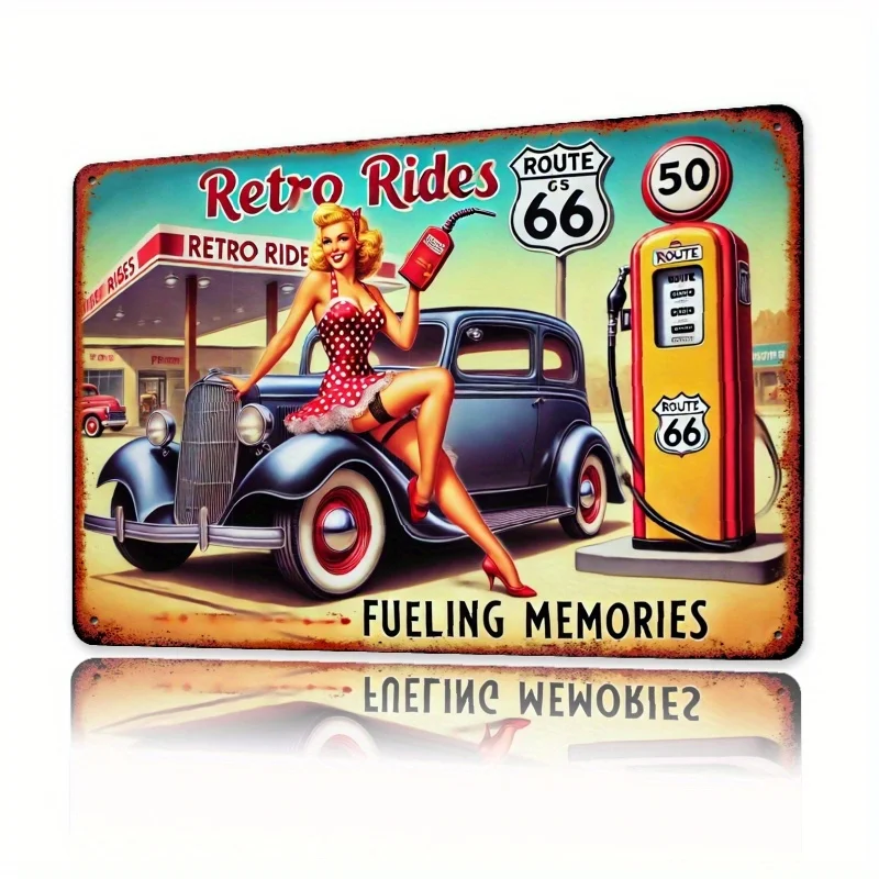 Vintage 66 Route Wall Art Metal Sign - Retro Gas Station & Car Illustration, for Cafes, Living Room, Bedroom, Club Decor,  , Nos