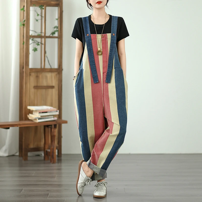 Verano 2025 Mono vaquero holgado para mujer con grandes kets y pantalones vaqueros largos resistentes al desgaste con diseño de sangre de colores a rayas