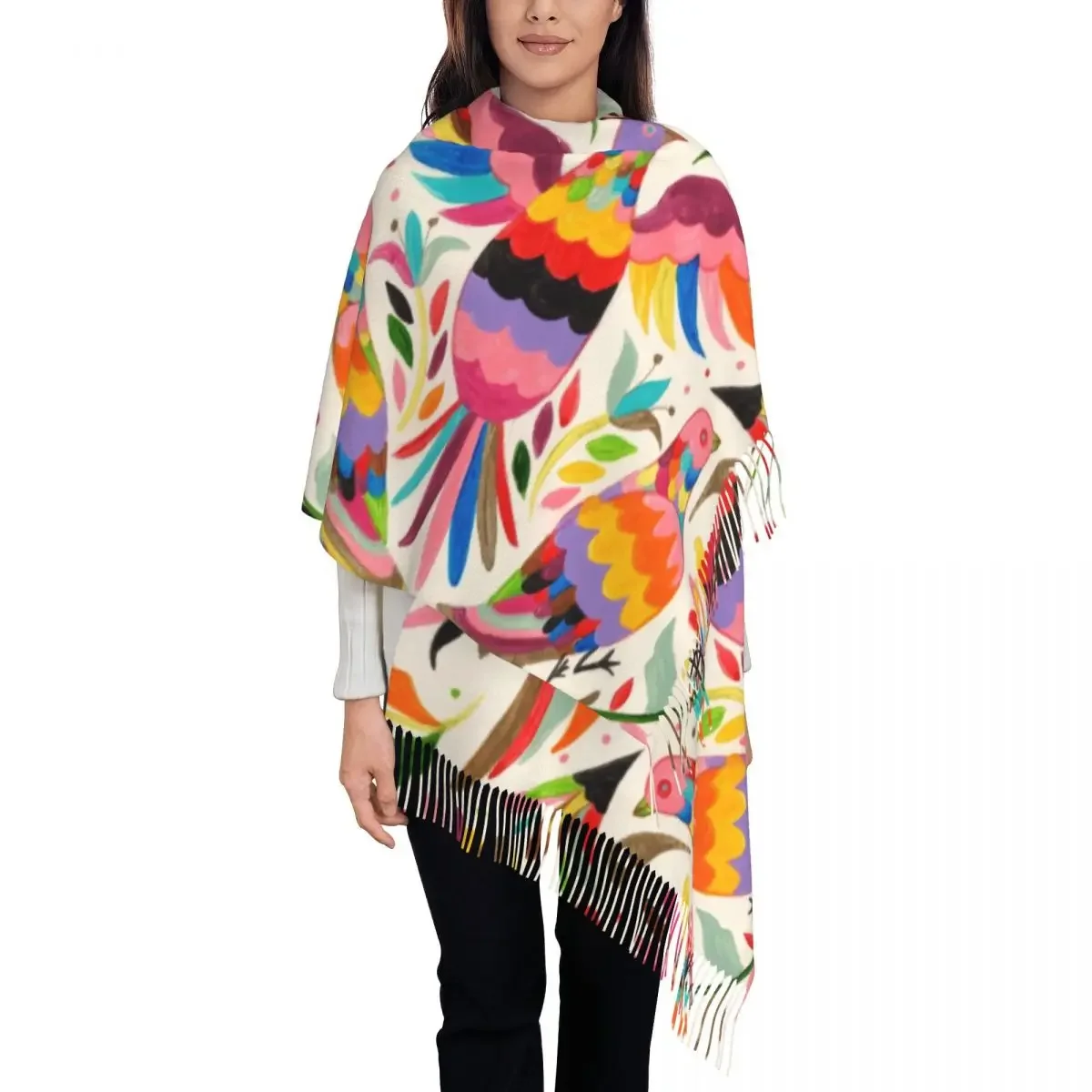 Stylish Fashion Mexican Otomi Birds Texture Tassel Scarf Women Winter Fall Warm Shawls Wraps Ladies Folk Floral Art Scarves