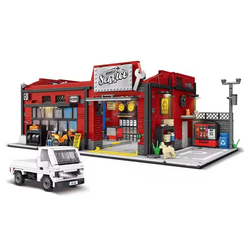 Modulares Bausteine-Set für Fahrzeugwartungsgarage mit 2 Ebenen, DIY-Bausatz mit LED-Beleuchtung und Szenendetails, Spielzeug für Erwachsene, Ideales Geburtstags- und Feiertagsgeschenk,