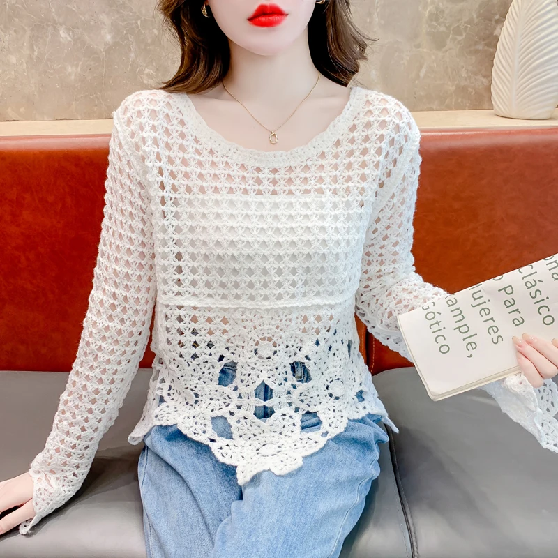 

Korean Fashion Hook Flower Hollow Tops 2026 Spring Summer Irregular Hem Shirt Long Sleeve Women Blouse