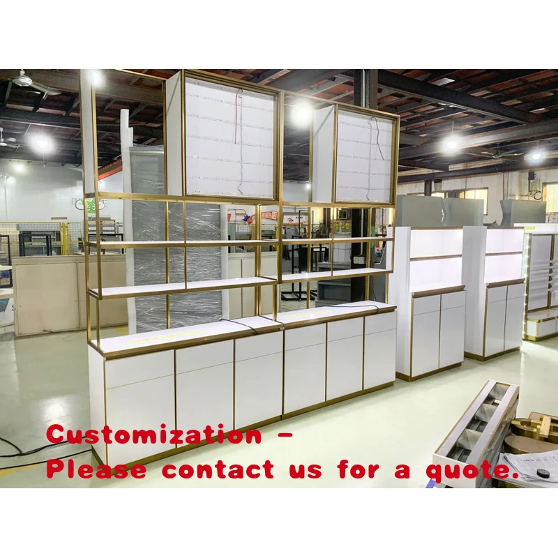 custom.Cosmetic Display Rack Custom Gold Frame White Cabinet LED Light Adjustable Shelves Beauty Store Retail Shop Interior