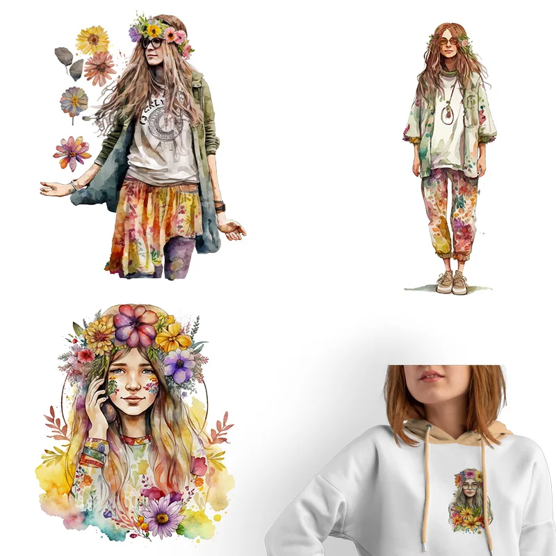 watercolor hippie wreath girl dtf Heat Transfer iron on transfer for clothing Iron On Patches For Clothing.