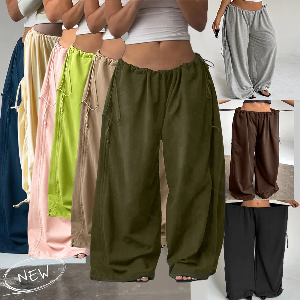 Damen Y2K Baggy Weite Hose mit Elastischem Bund und Verstellbarem Kordelzug, Lässige Lose Bodenlange Hose, Streetwear, Übergröße – Detail 2