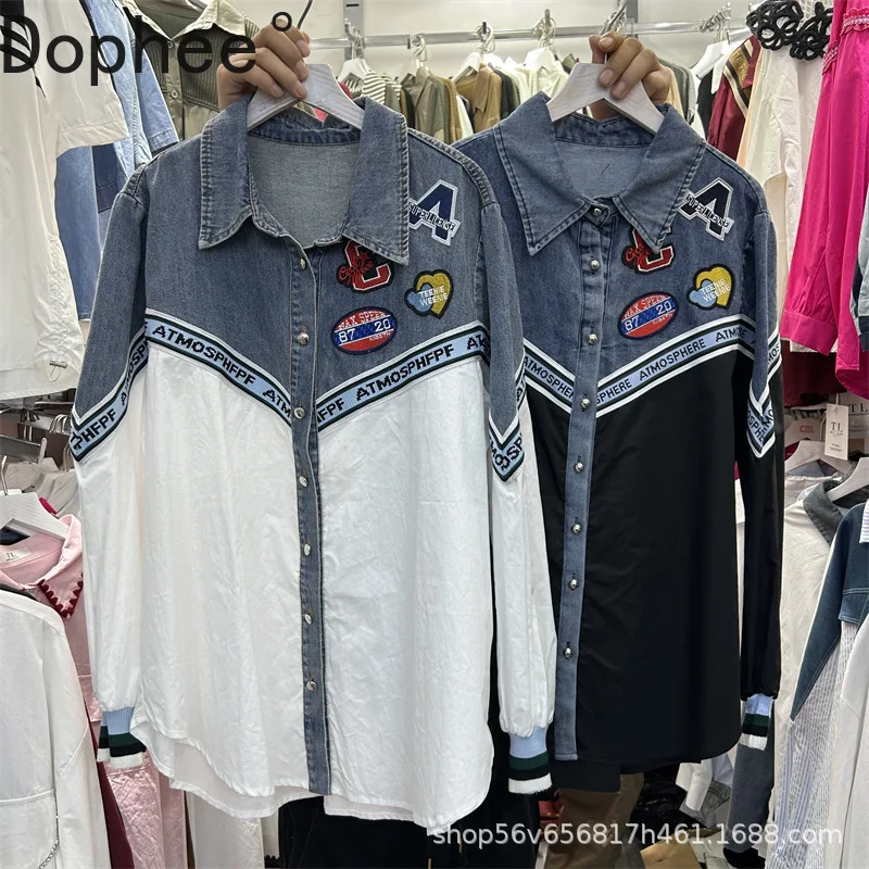 

Fashion Spring Autumn Denim Splicing Long Sleeve Women Blouses Embroidery Loose Cardigans Coat Mid-long Casual Female Shirts