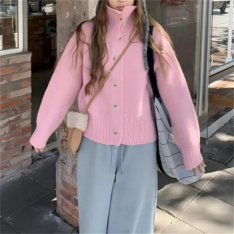 Pink High Collar Knitted Sweater Cardigan Women's Jacket Solid Knitted Top Twists Sleeve Knitwear Korean Version Autumn Winter