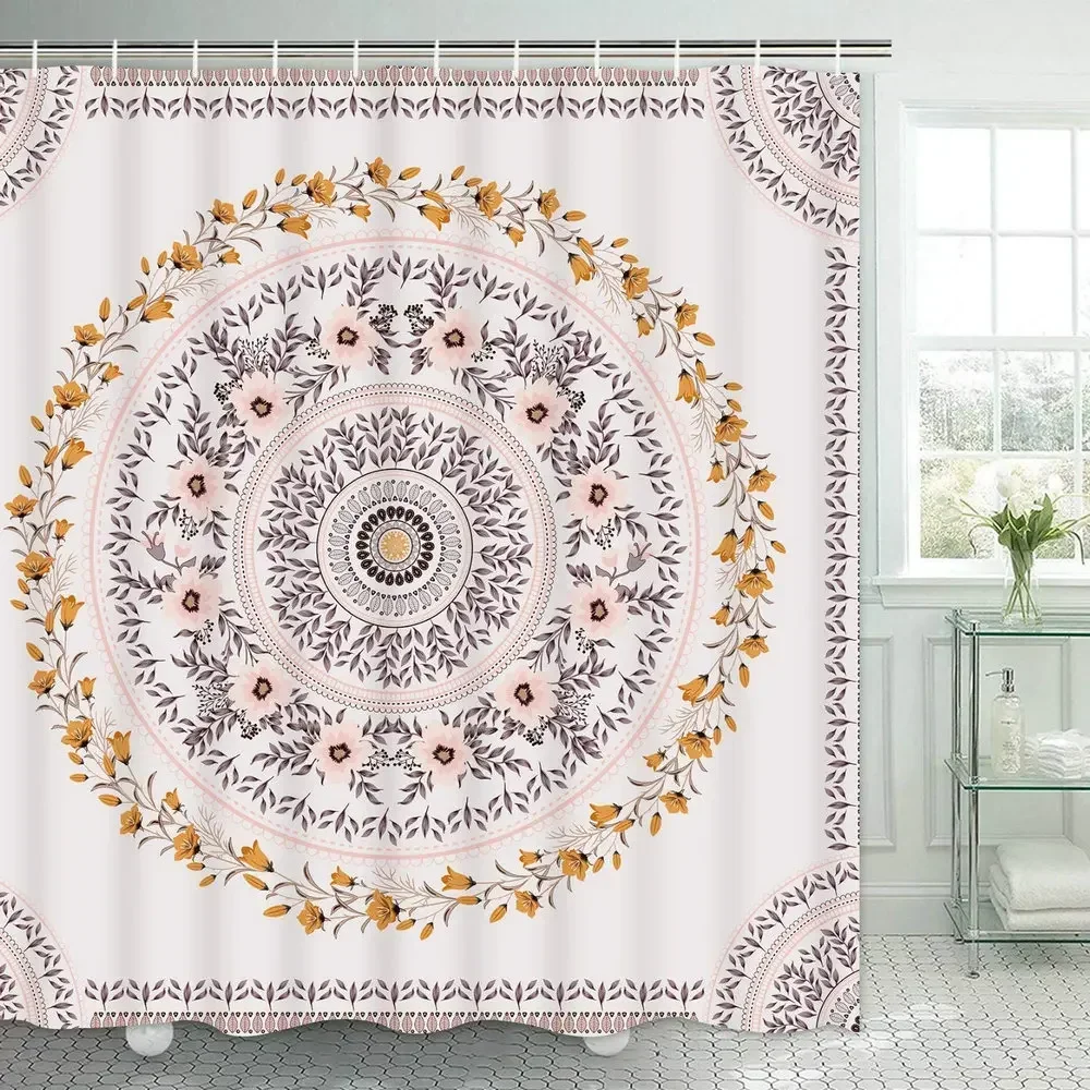 Boho Mandala Shower Curtain Floral Medallion Sketched Flower Pink Brown Aesthetic Wreath Hippie Bohemian Bathroom Decor Screen