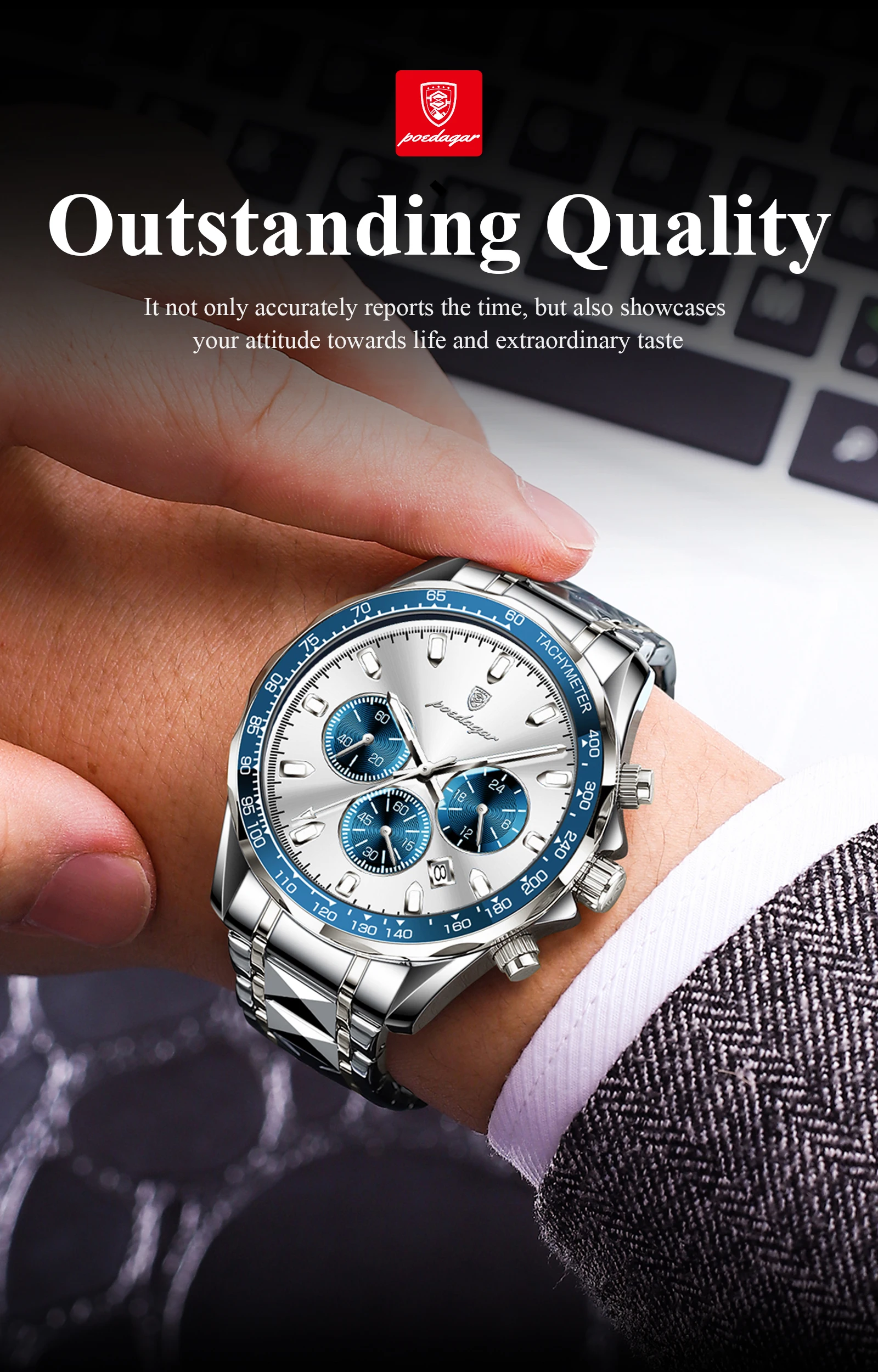 POEDAGAR Luxus Marke Männer Uhr Wasserdicht Leucht Edelstahl herren Uhren Chronograph Datum Quarz Business Uhr Für Mann – Detail 3