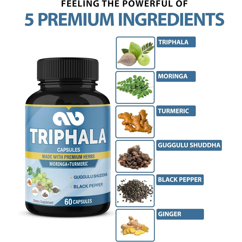 

Organic Triphala Extract Capsules, Turmeric, Guggul, Ginger, Black Pepper, Moringa | Improve Digestive System