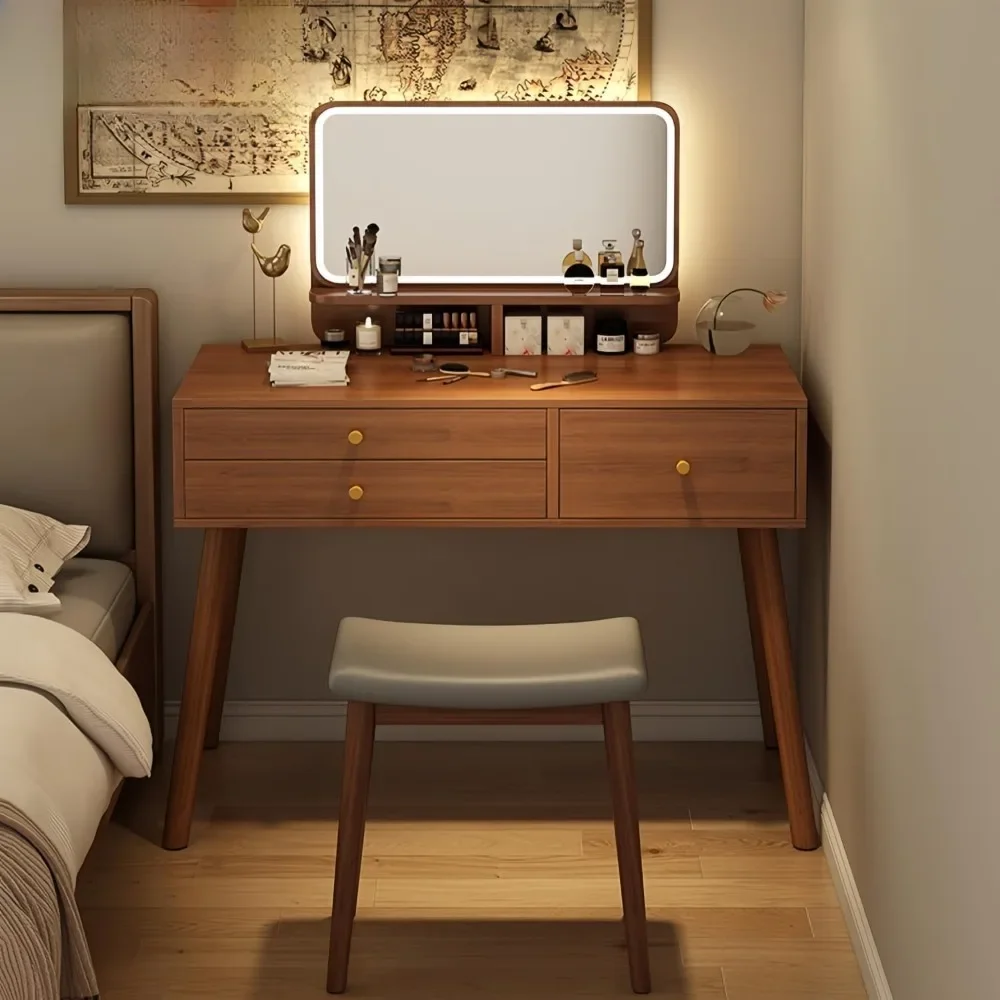 

Vintage Makeup Vanity Table with LED Mirror & Cosmetic Storage – Dressing Table with Makeup Drawers, Adjustable Lighting & Stool