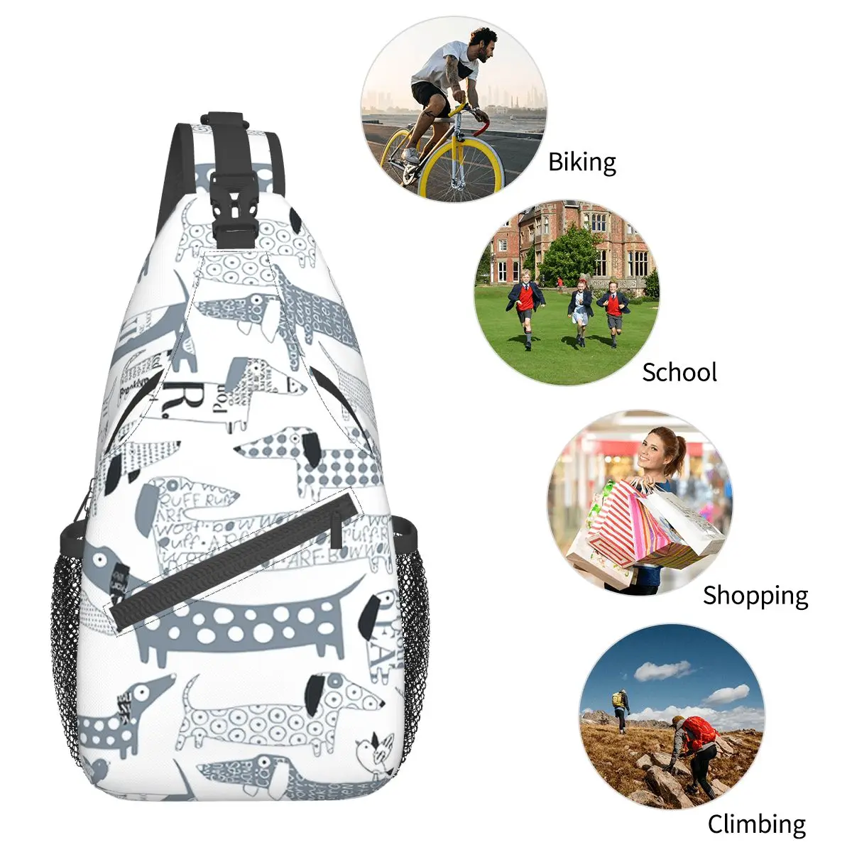 Dachshund Dog Sling Bag Pequeno, Peito Crossbody Shoulder Backpack, Caminhadas, Mochilas de viagem, Animal Cartoon Pattern Satchel