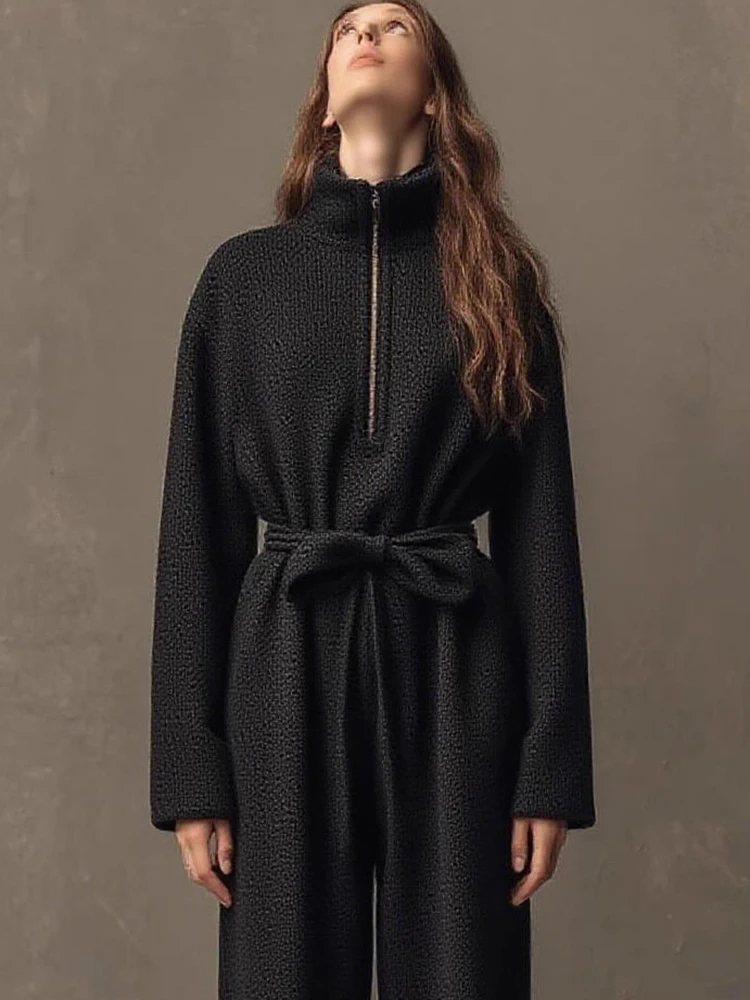 

Lady Long Sleeve Loose Commute Rompers Autumn Winter Sport Style Solid Jumpsuits Fashion Stand Collar Zipper Playsuits Overalls