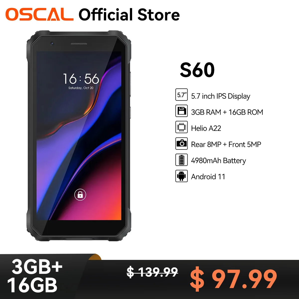 OSCAL S60 Rugged Phone, Android 11, IP68 Waterproof ,3GB RAM + 16GB ROM , 4980mAH, MTK helio A22 ,5.7inch 4G Celular Smartphone