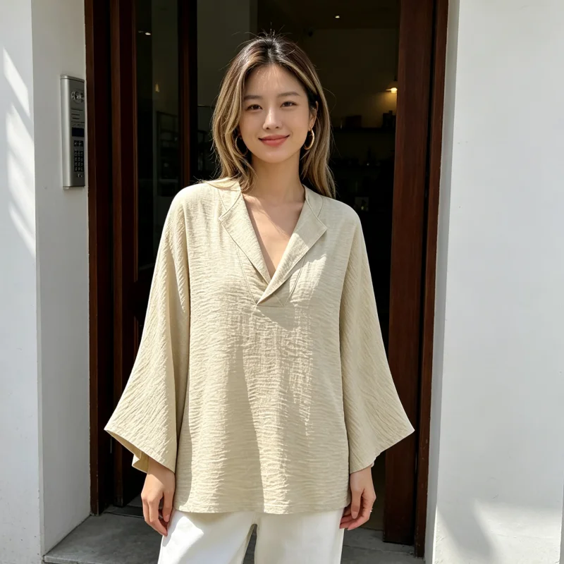 Blouse Women Casual Simple Stand Up Collar V-neck Ruffled Long Sleeved Shirt Basic Version Solid Color Top Suitable for Home image 6