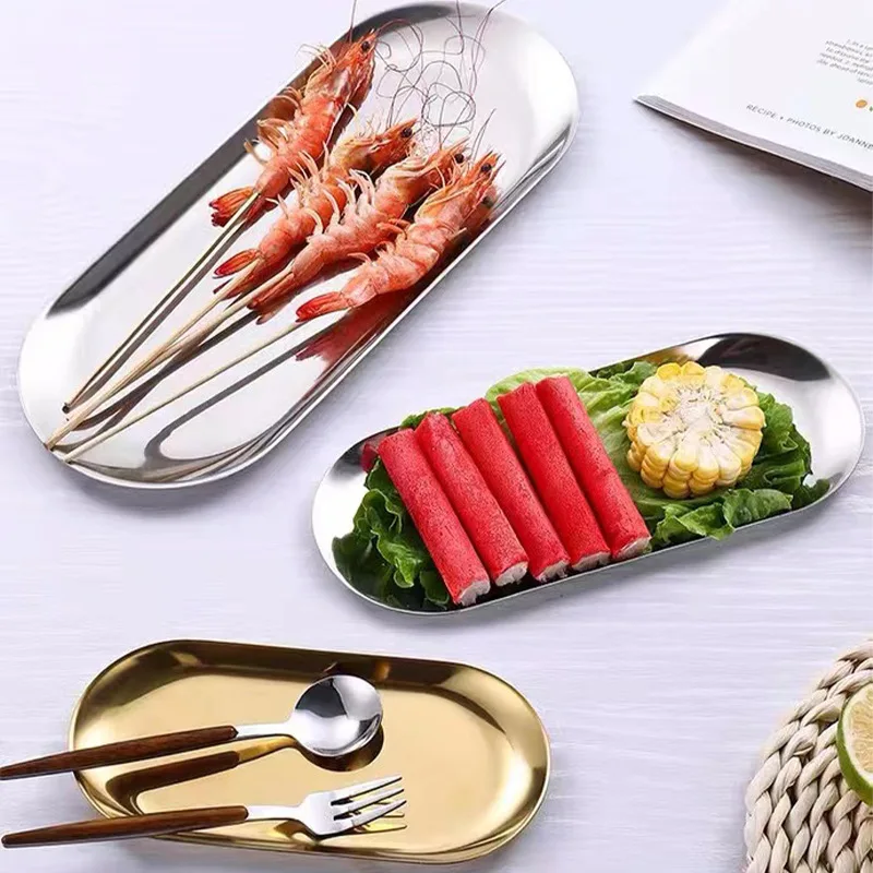 

Metal Tray Stainless Steel Plate Oval Cake Fruit Dessert Tray Western Steak Dish Rectangular Snack Plate Jewelry Storage Tray