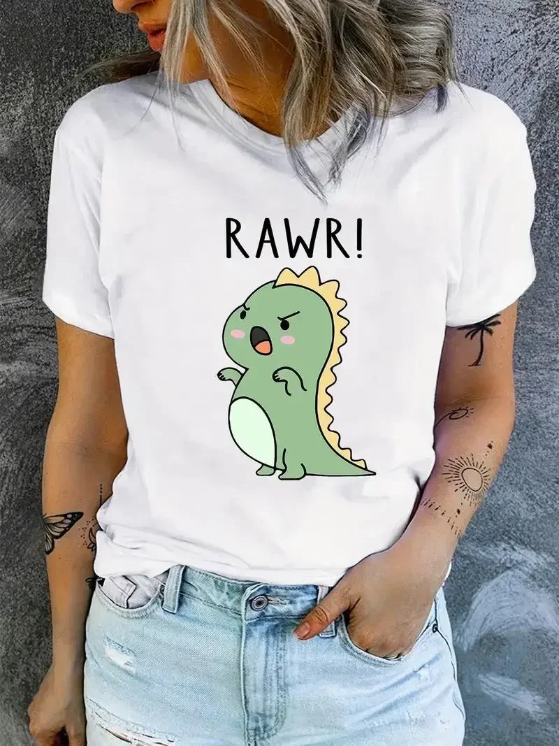 Cute Cartoon Dinosaur Print Cotton T-shirt Casual Crew Neck Short Sleeve Top For Spring & Summer Women\'s Clothing