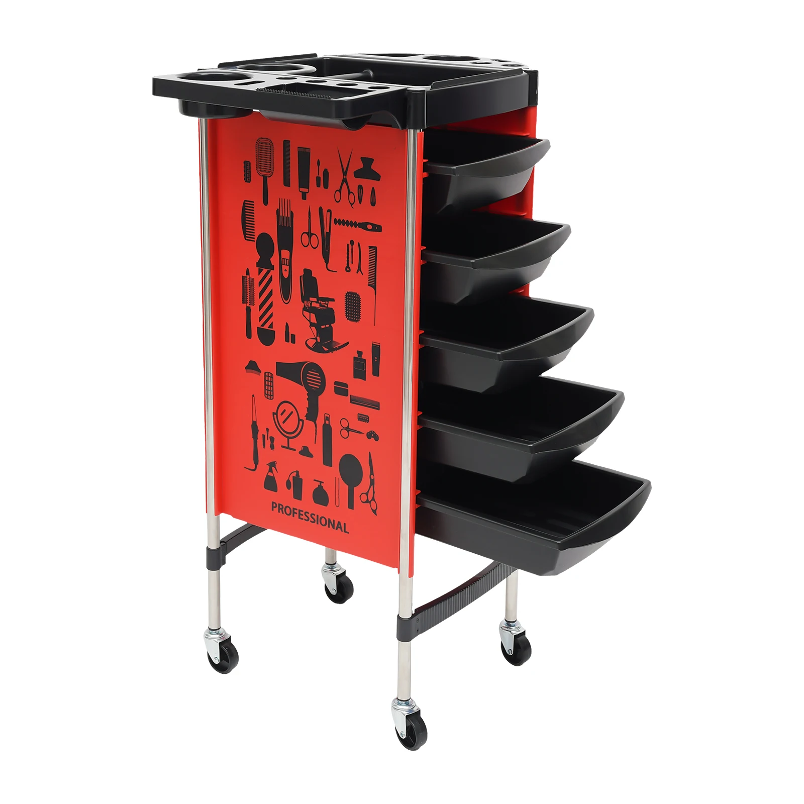 Red Salon SPA Mobile Organizer Stand Multipurpose Hairdresser Trolley 5 Pull-out Drawers with 4 Wheels