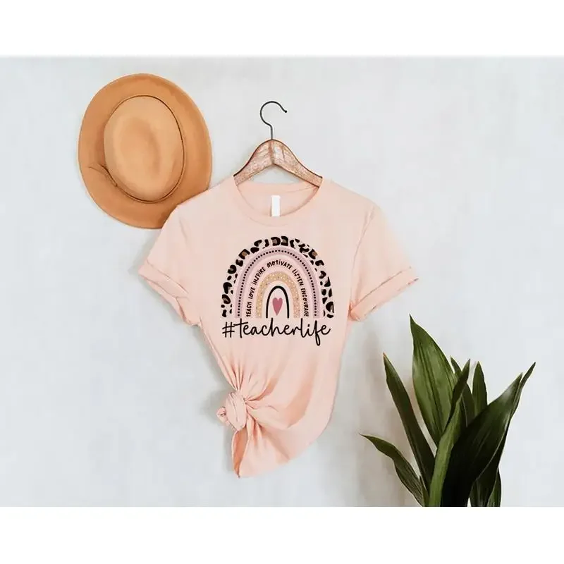 T-shirt d'enseignant en forme de cœur arc-en-ciel, motif léopard, style bohème, mignon, pour la reprise des cours et la reconnaissance de l'effort