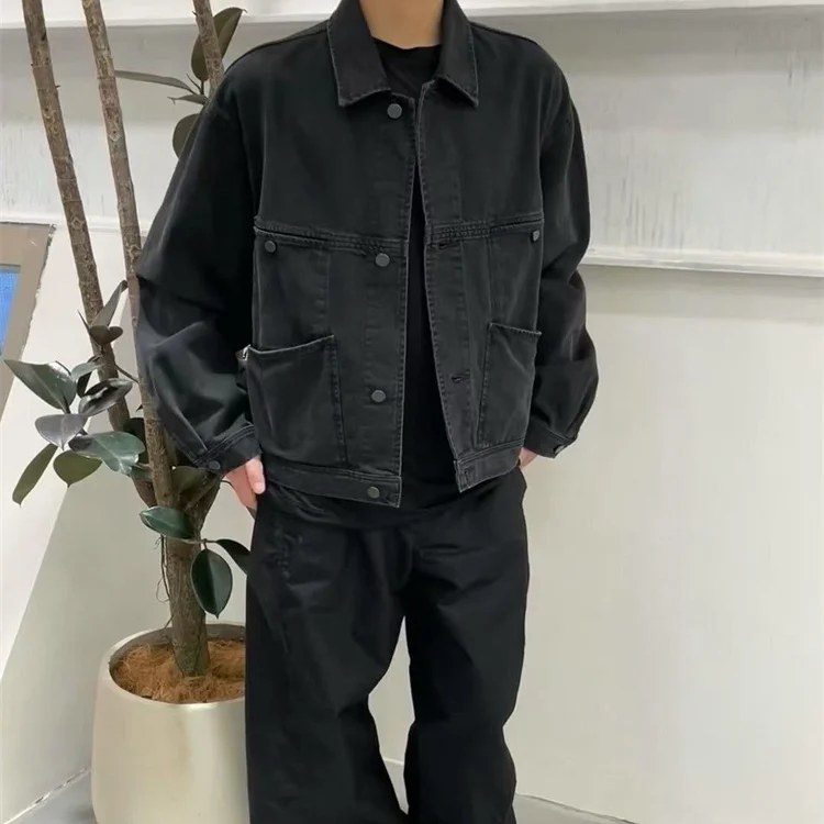 

Lem Sle Snowflake Waed Vintage Loose Casual Collar Denim Jaet Coat for Men And Women Spring Autumn Season Long Sve