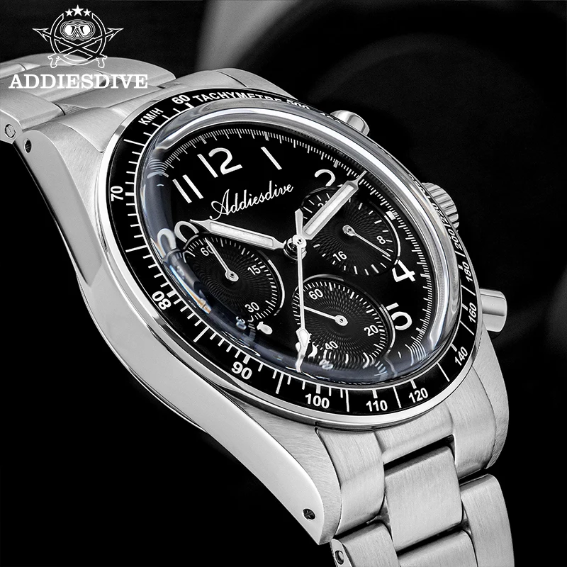 ADDIESDVIE 37mm Vk63 Quartz Movement Watch Man Waterproof Luxury K1 Mineral Glass Timing Function Stainless Steel Quartz Watches