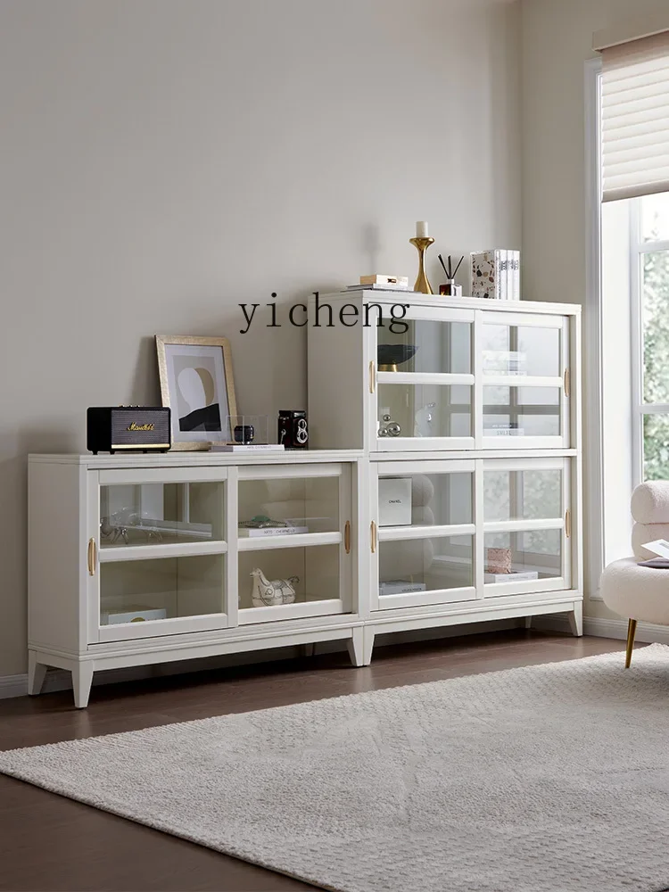 Light Luxury Solid Wood Sliding Door Bookcase Dustproof Glass Door Shelf Living Room Floor against the Wall