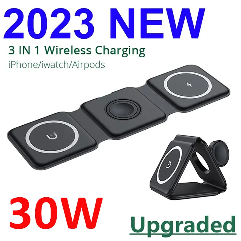 30W 3 in 1 Magnetic Portable Wireless Charger Pad for iPhone 15 14 13 12 Pro Max Apple Watch AirPods Fast Charging Dock Station