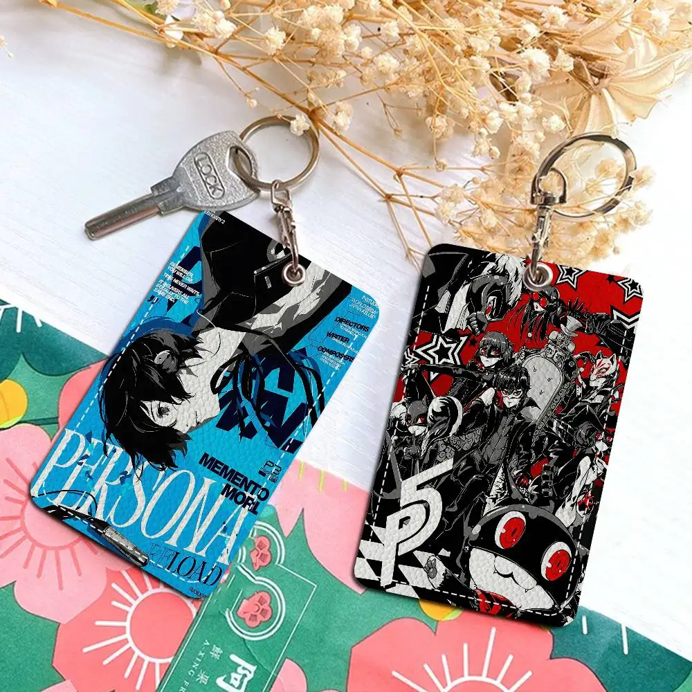 Popular Games P-Persona-A Rectangle ID Card Case Keychain Access Card Bag Key Tag Ring Leather Card Holder Key Ring Access