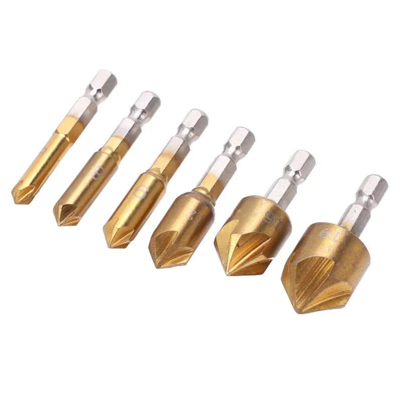 

6Pcs Countersink Drill Bit Hex Shank Set Metal 90 Degree 6mm-19mm Chamfer Tool Accessory