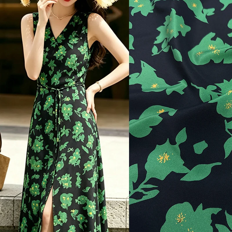 Green Floral Printed Stretch White Silk Crepe de Chine Fabric for DIY and Sewing Black Silk Fabric for Dress Pants Pajamas R7046