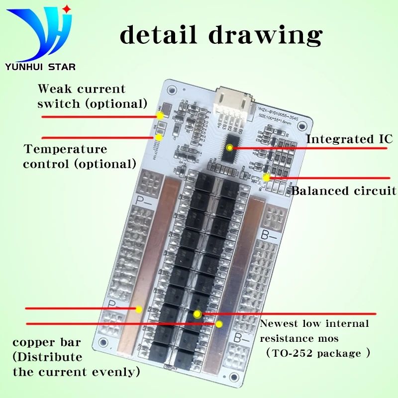 YUNHUI STAR 3S 12V BMS 60A Lithium Battery Protection Board with Auto Balancing Function Short-Circuit Protection and free cable