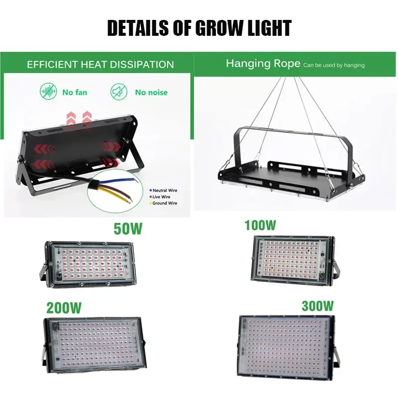 50W 100W 200W 300W Phytolamp per piante Spettro completo Led Coltiva la luce Lampada UV Pianta da interno Coltiva Accessori Phyto 220V Faretto