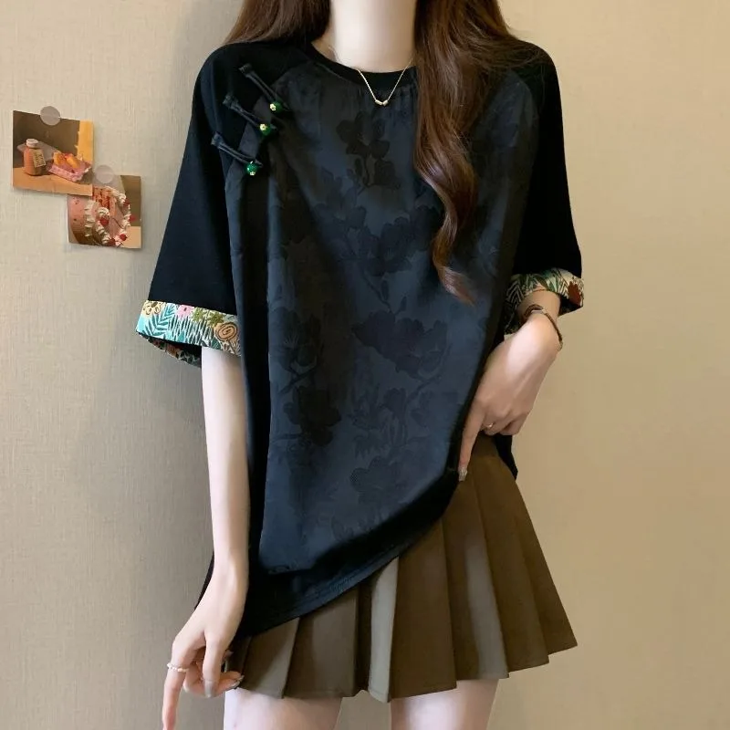 Women's Plus Size New Chinese Style T Shirt Acetic Acid Satin Jacquard Short Sleeve Frog Button Top