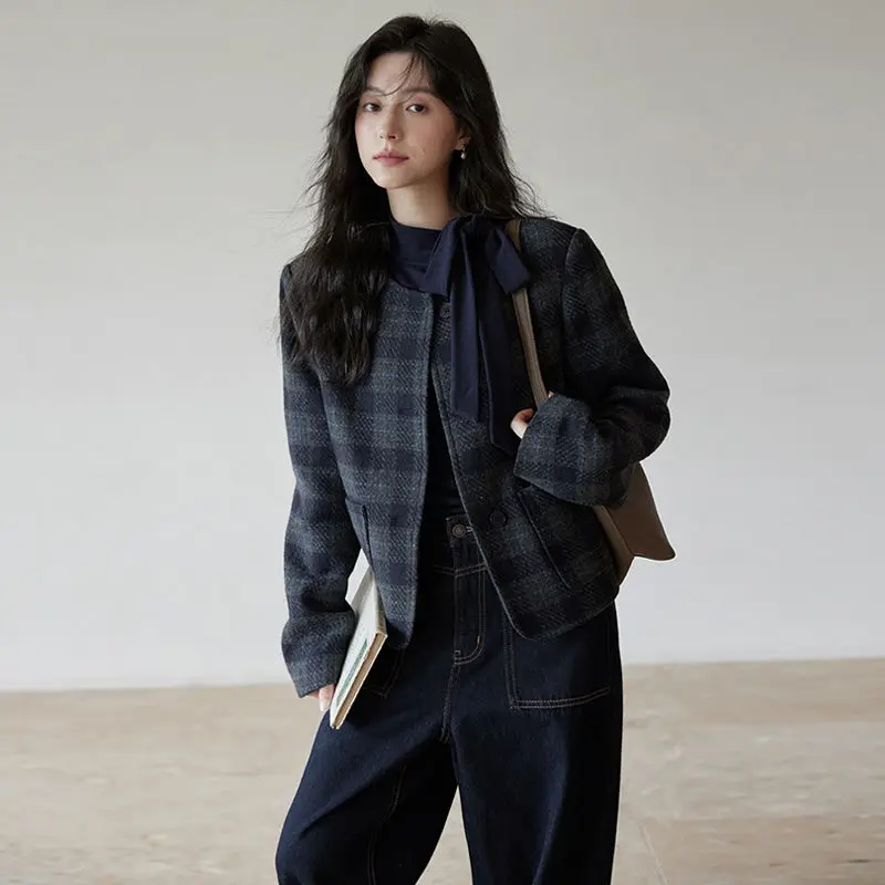 

Клетчатая куртка, женская весенне-осенняя короткая стильная ленивая повседневная свободная кардиган, универсальный модный топ с круглым вырезом