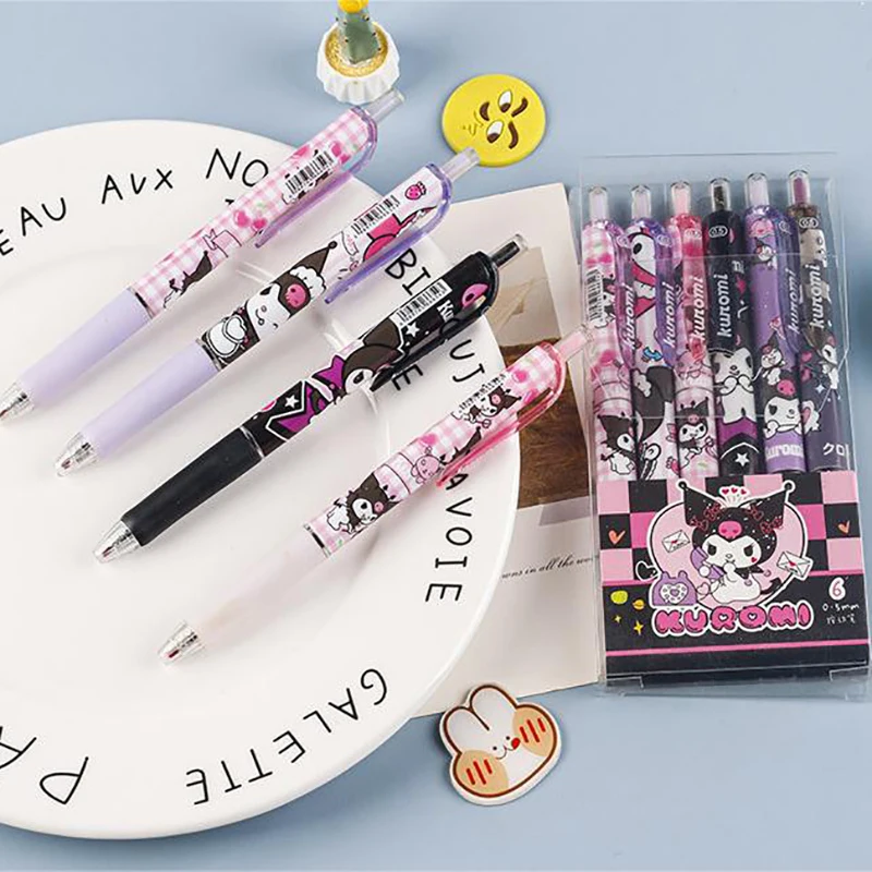 6 Stuks Kawaii Sanrio Gel Pen Schattig Hello Kitty Mijn Melodie Kuromi Cartoon St Sneldrogend Zwart 0.5Mm Druk Op De Balpen