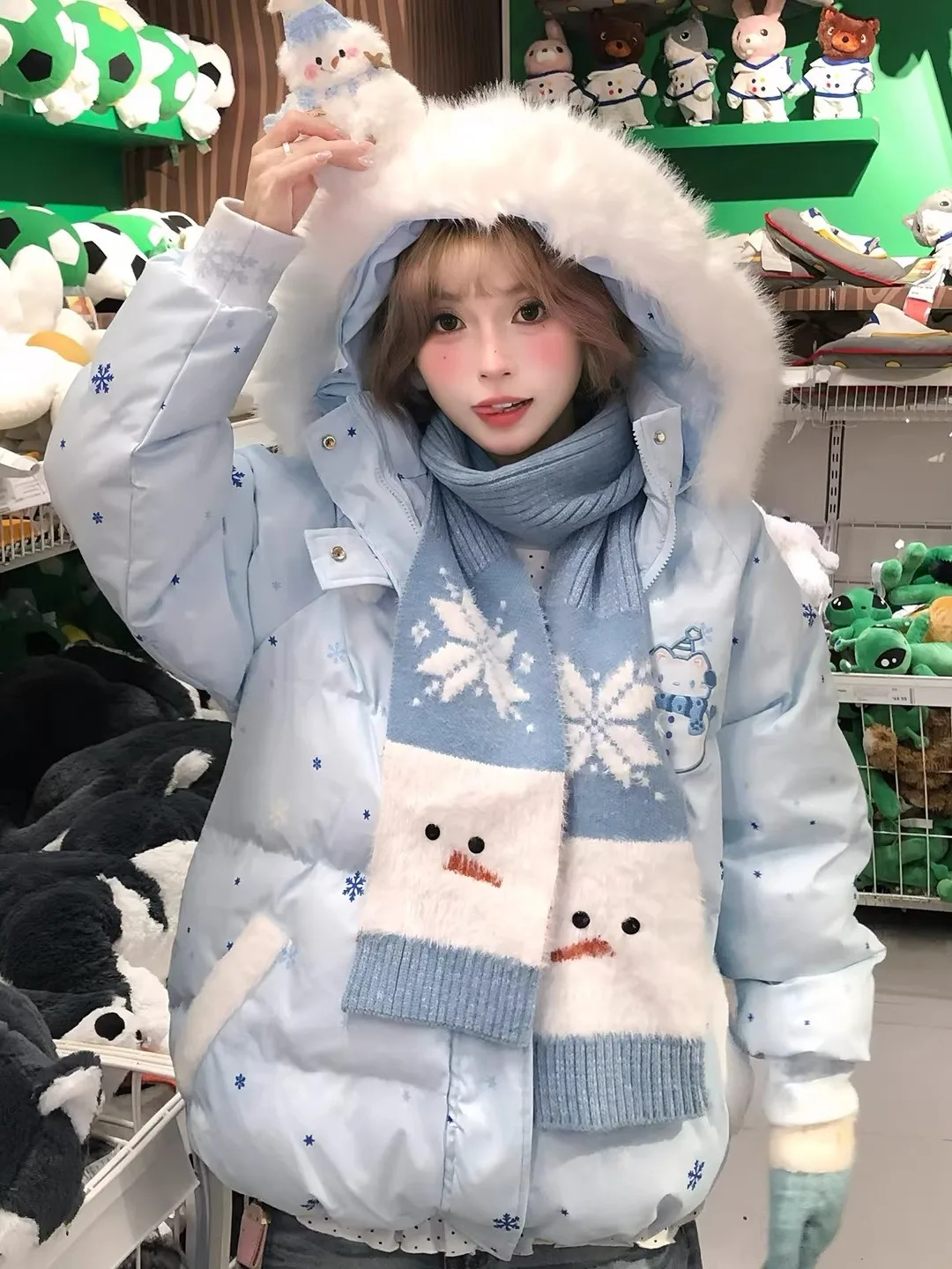 

Thiened, американское ретро снежинка, милый снеговик, волшебная лента, хлопковое пальто с меховым воротником, женское осенне-зимнее новое повседневное свободное пальто...