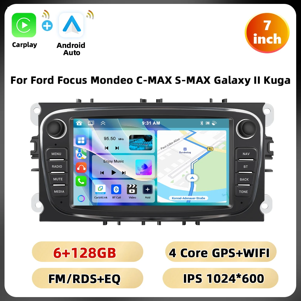 Podofo 7 ''Android Multimedia Speler Voor Ford Focus Mondeo C-MAX S-MAX Galaxy Ii Kuga Gps Navigatie 2 64G Carplay Android Auto