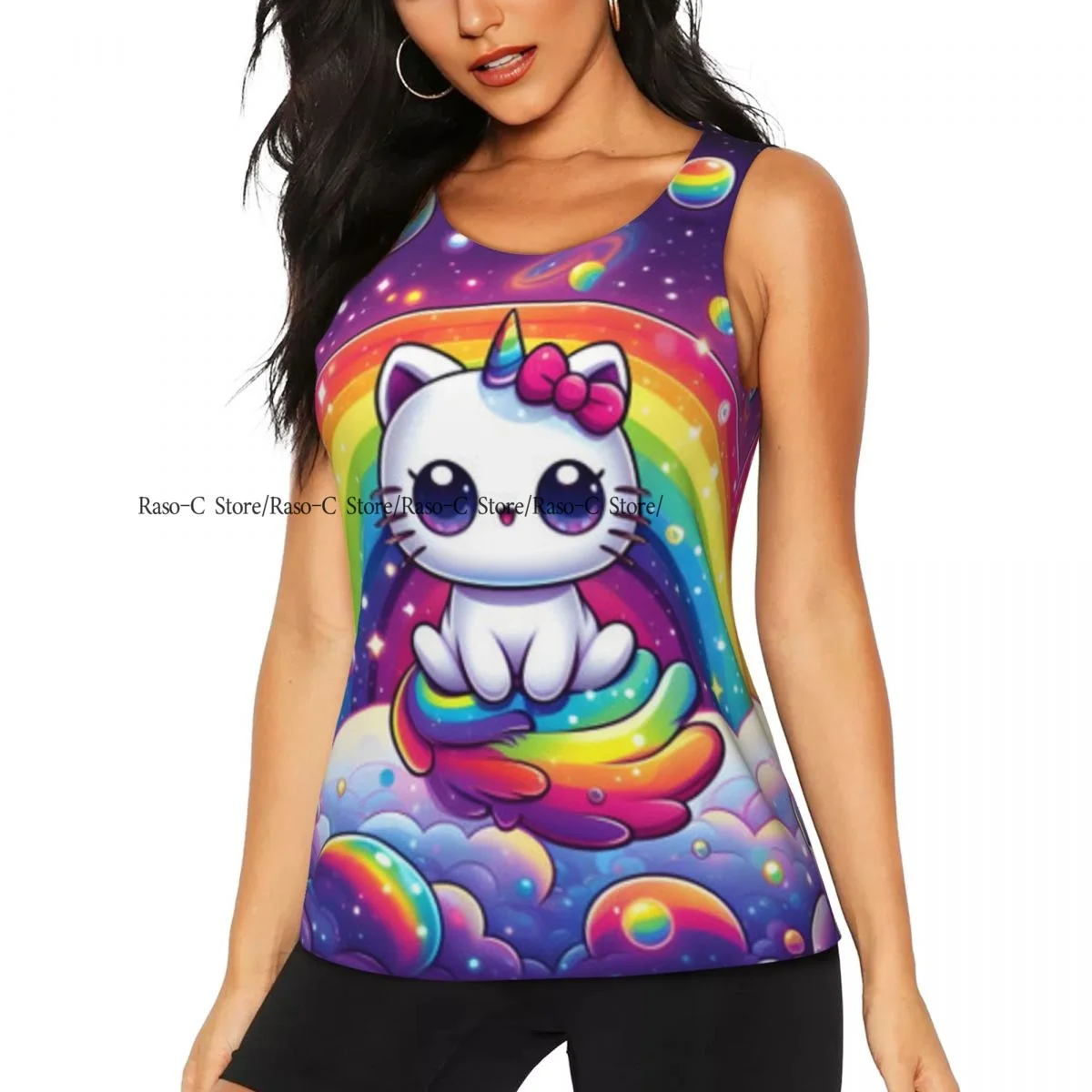 Women Fitness Sexy Yoga Vest Cute Cartoon Cat Sitting On Rainbow In The Night Sky Gym Sports Top Tank Female