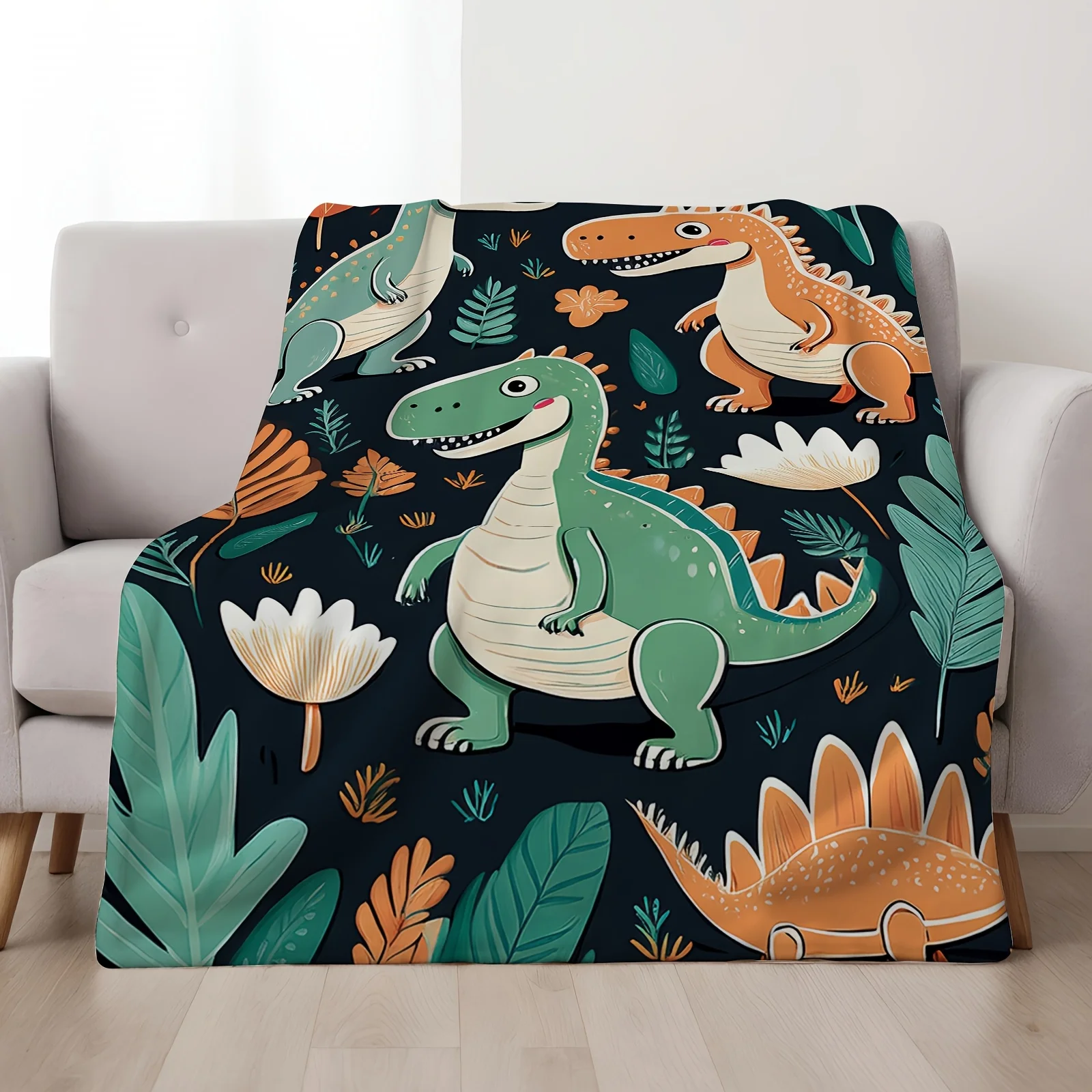 Dinosaur and tropical leaf patterns Flannel printed blanket suitable for all seasons suitable for living room office sofa travel