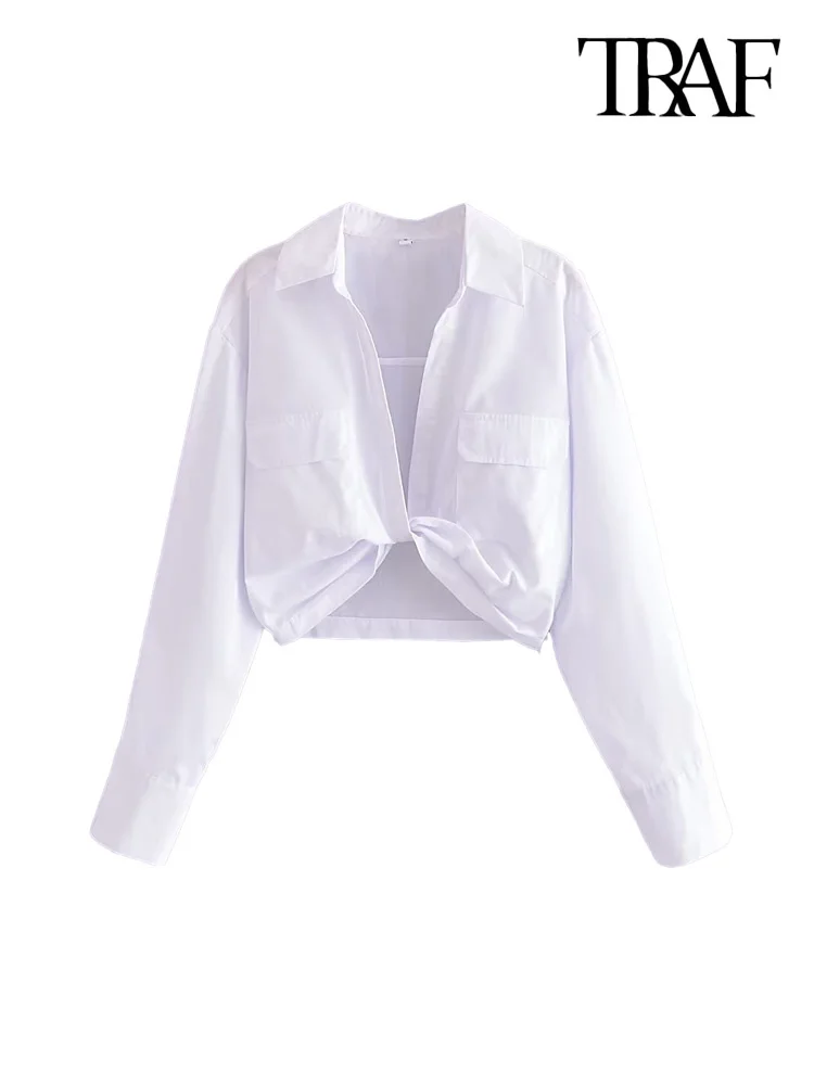 TRAF Women Fashion With Knotted Front Pockets Poplin Crop Blouses Vintage Long Sleeve Side Zipper Female Shirts Chic Tops