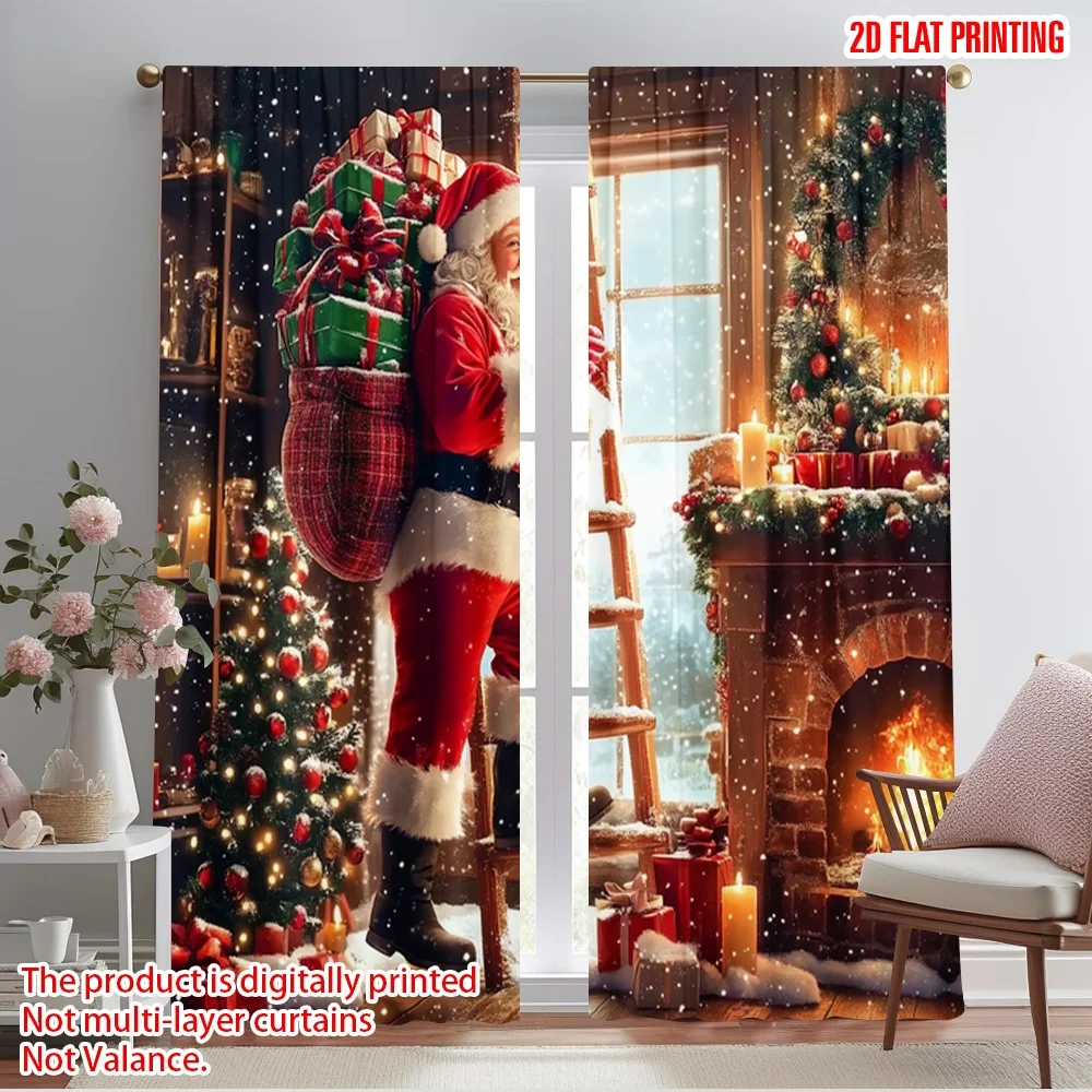 2pcs,2D plane printing Minimalist Curtains Santa Climb the Stairs Polyester Easy Install (without rod) Festive Use for Bedroom,