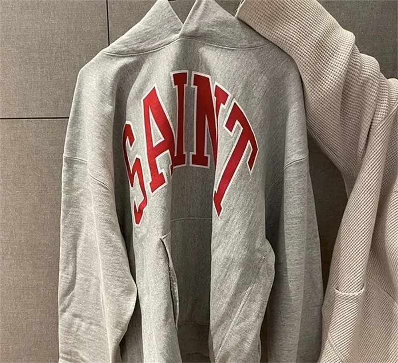 

24ss Pure Cotton SAINT MICHAEL Hoodies Men Women Classic Logo Printing Sweatshirts Grey Tracksuit Set