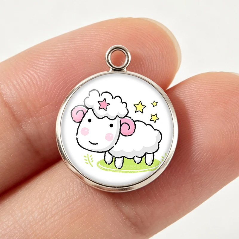 12Pcs Mixed Cartoon Animals Zodiac Charms 12mm Photo glass cabochon Stainless Steel base pendant Twelve Constellation Jewelry