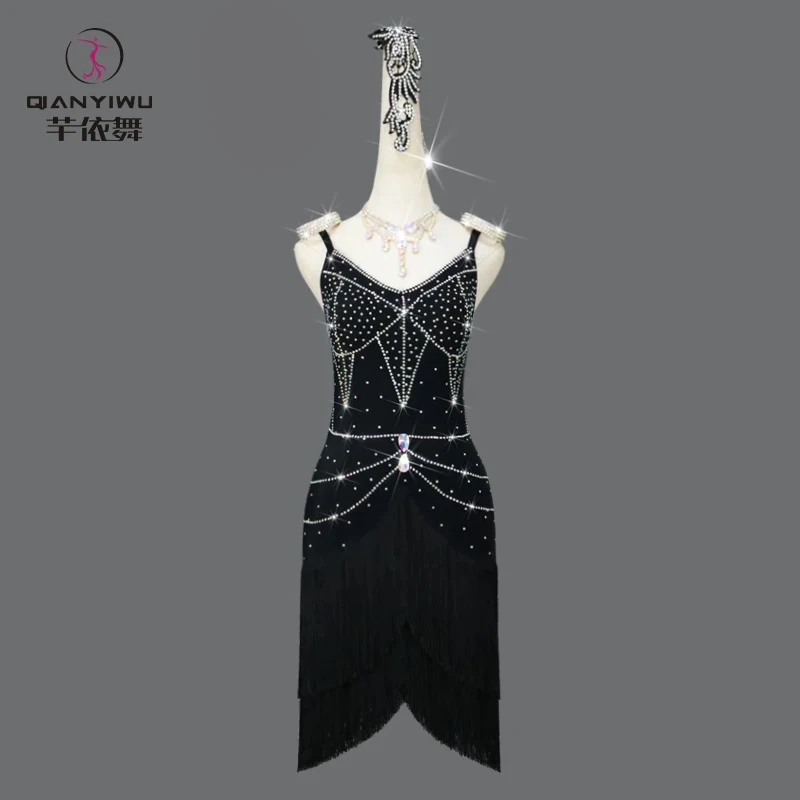 

Black Women Ballroom Dance Dress Latin Competition Suit Fringe Skirt Stage Clothing Line Girl Kid's Dancewear Party Sexy Costume