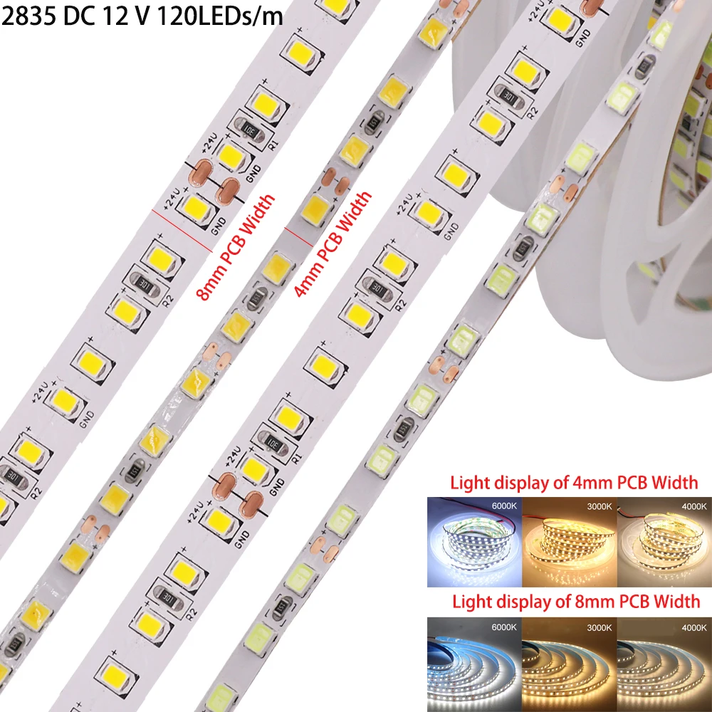 4mm Super Thin LED Strip Lights 5m/Roll 12V 120LEDs/m 2835 Flexible LED Tape White/ Warm/ Natural White for Home Decoration