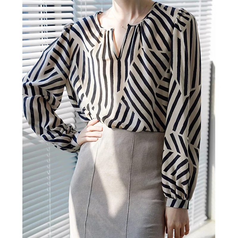 EVNISI Autumn Winter Women Stripe Printed Blouse Silk Satin Shirt Elegant Loose Office Chiffon Pullover Tops For Women 2023