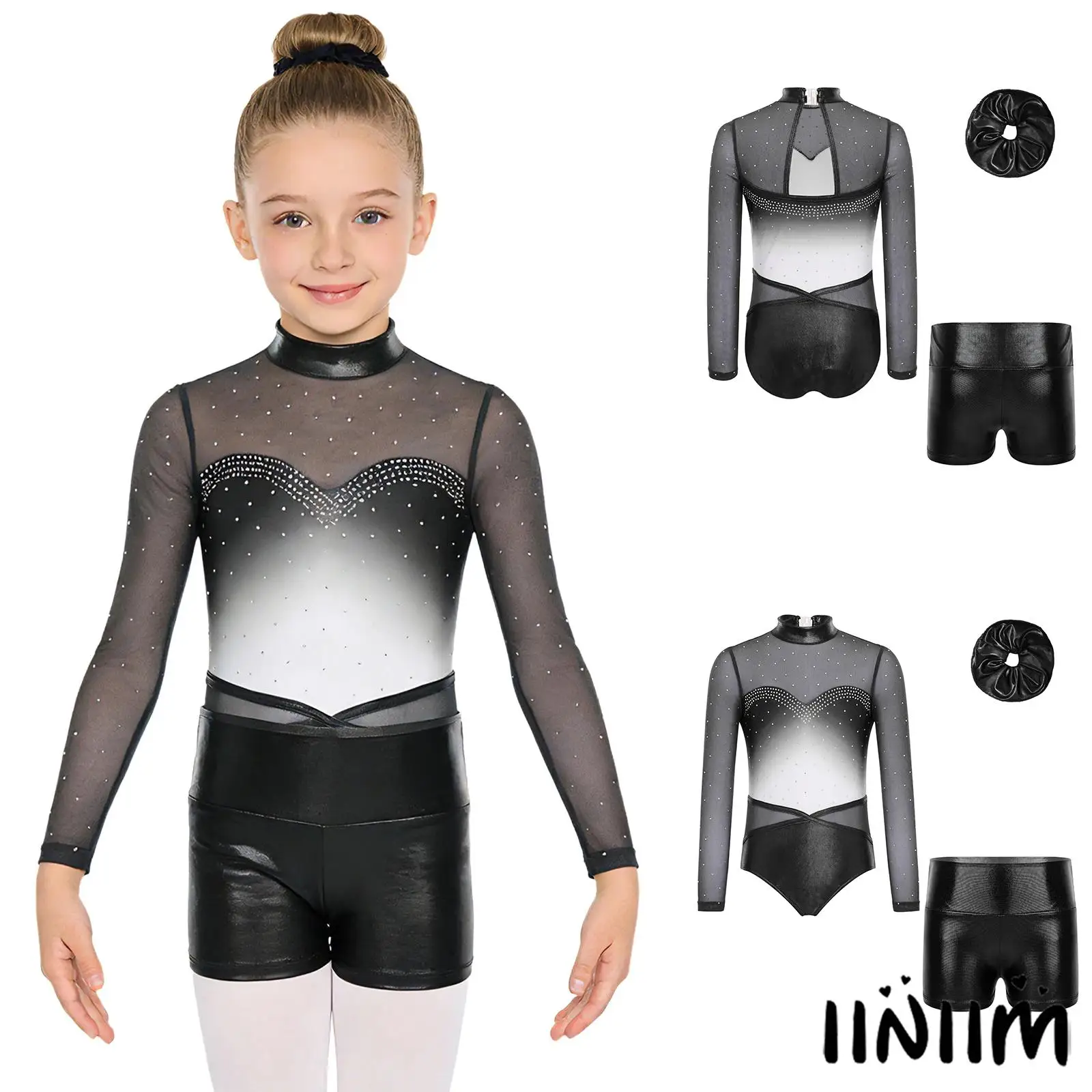 

Gymnastics Dance Costume for Kids Long Sleeve Cutout Back Mesh Gradient Latin Leotard with Matching Metallic Shorts And Hairband